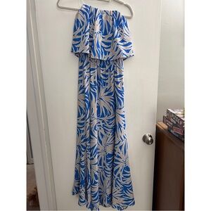 Tyche Blue and Cream Strapless Printed Maxi Dress